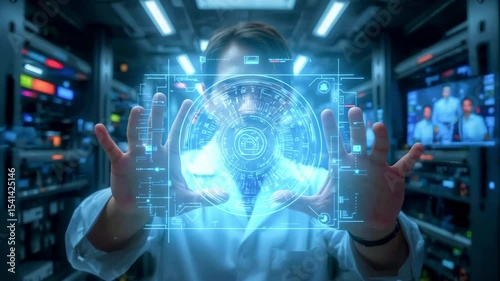 Scientist interacting with futuristic holographic interface in a high-tech lab with screens in background