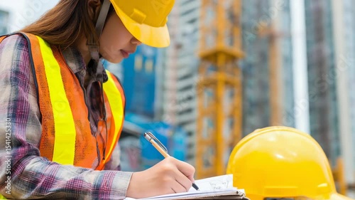 Female construction worker taking notes