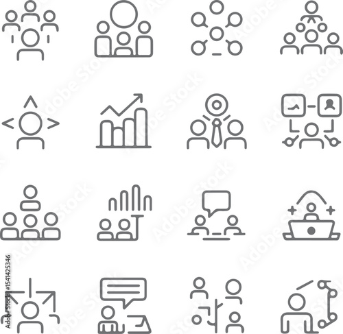 Gray Line Icons Set Representing Teamwork Collaboration Communication Networking Hierarchy Leadership and Business Growth Concepts Silhouette