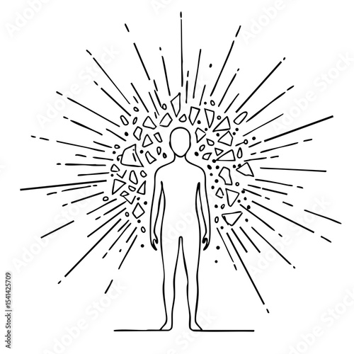 Vector line art of a human figure standing amid exploding shapes and rays, symbolizing mental overload or emotional outburst