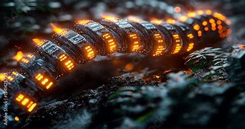 Futuristic glowing cable winding through lush greenery