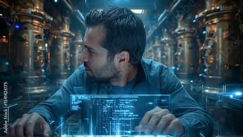 Man focused on coding in a futuristic lab with glowing machinery and digital interfaces in the background