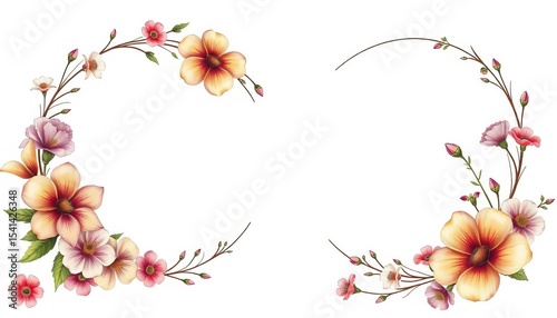 Vintage hand-drawn floral wreaths; blooming flowers in circular frames ,  bloom,  wreath