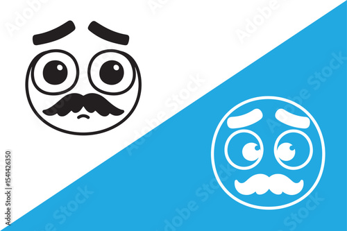 Worried cartoon face with mustache in two colors