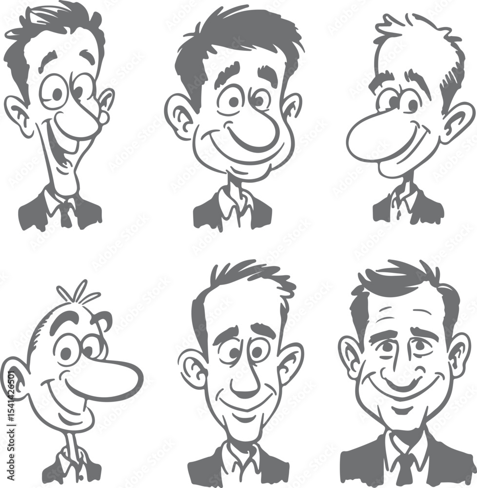 Fototapeta premium Six Gray Scale Cartoon Silhouettes of Smiling Men in Suits Different Hairstyles and Facial Features