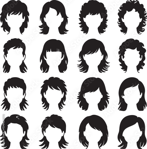 Sixteen Black Silhouettes of Womens Hairstyles Various Short Medium Lengths Curly Straight Bobs Bangs