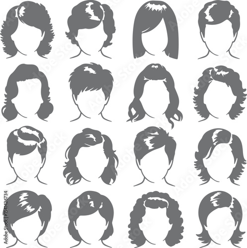 Sixteen Grey Female Hairstyle Silhouettes Various Short Medium Long Curly Straight Bobs