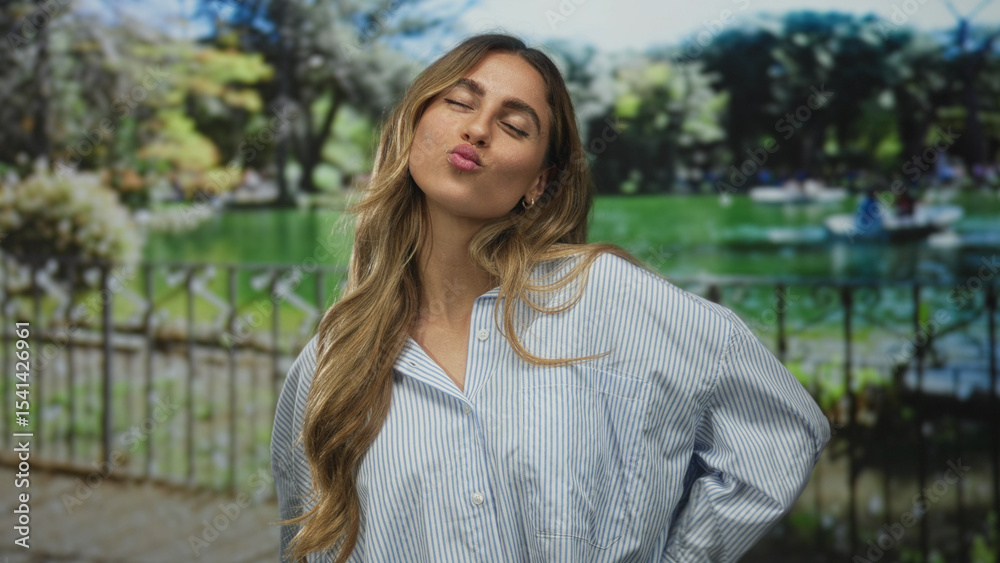Smiling blonde woman puckers lips for kiss gesture by lake fence in public park; affection flirtation. Smiling blonde woman puckers lips for kiss gesture by lake fence in public park; affection flirtation.