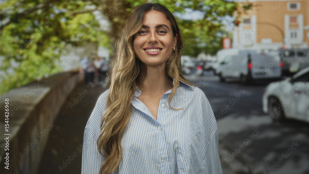 Young blonde lady face smiling with flowing hair in striped blouse on leafy sunlit sidewalk; joy confidence. Young blonde lady face smiling with flowing hair in striped blouse on leafy sunlit sidewalk; joy confidence.