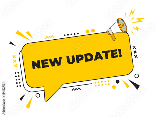 Megaphone with a New Update message inside a speech bubble banner. Ideal for use in business, marketing, and advertising