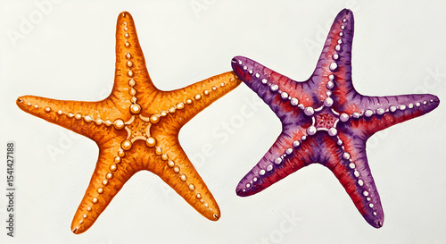 Two starfish orange and purple watercolor art ocean sea beach summer marine life underwater wildlife nature