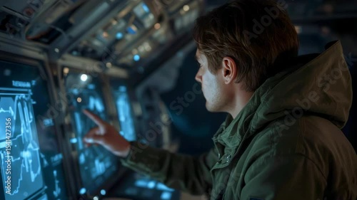 Astronaut in a futuristic spacecraft cockpit, analyzing data on holographic displays, with stars in the background