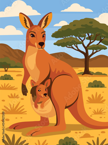 Flat vector illustration of a mother kangaroo with her joey in the pouch, standing in the Australian outback surrounded by trees, bushes, and mountains under a blue sky with clouds