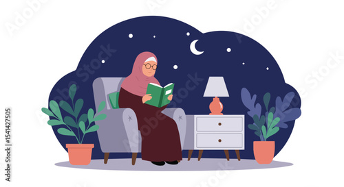 Muslim Woman Reading Quran at Home During Ramadan Night