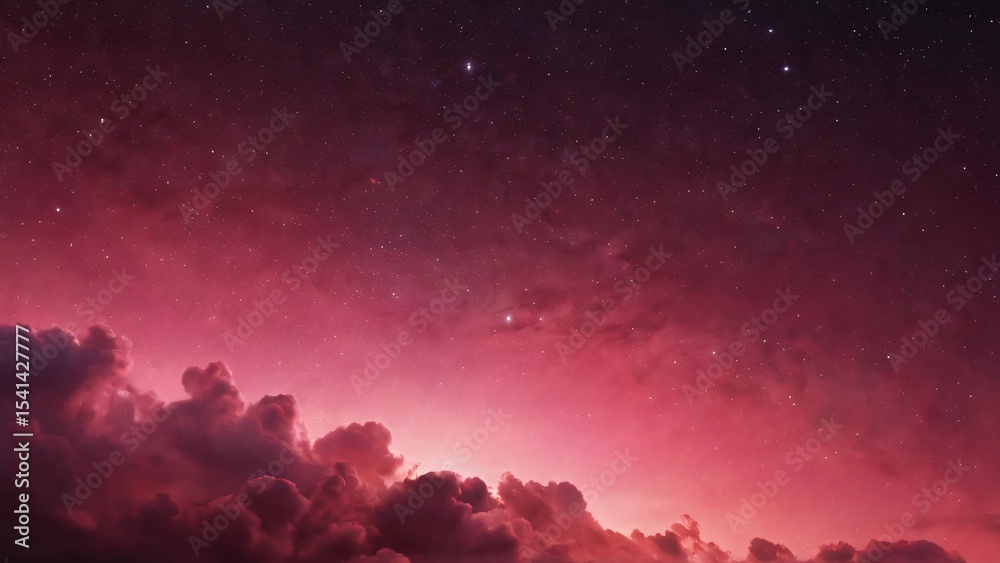 Fototapeta premium Dramatic Night Sky with Stars and Clouds in Vibrant Red Hue, Vivid nighttime scenery showcasing a sky with countless stars, illuminated clouds, and a dynamic red gradient, evoking mystery and awe.