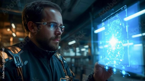 Man interacting with futuristic holographic interface displaying facial data in a high-tech lab