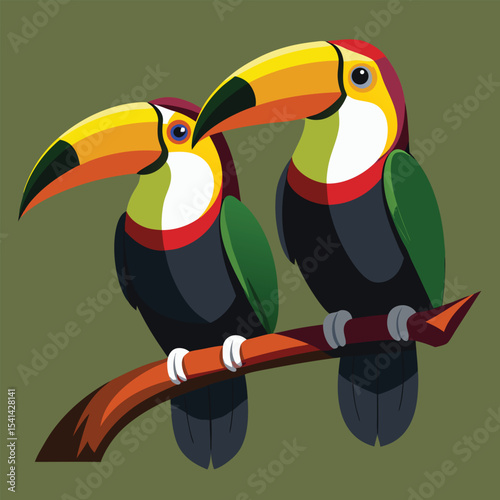 Two keel billed toucans perched on weathered wood