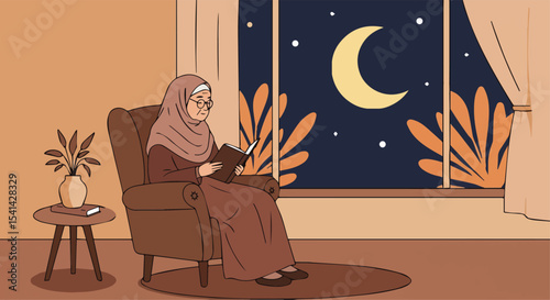 Muslim Woman Reading at Home during Ramadan Night
