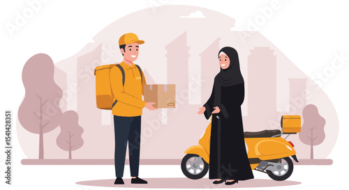 Delivery Man Handing Package to Muslim Woman with Scooter