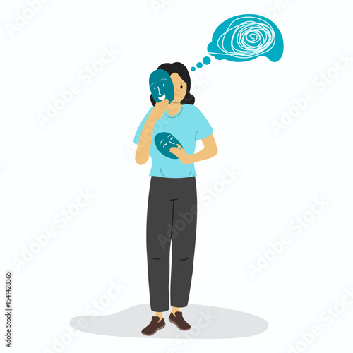 Personality disorder concept. A young woman holding happy mask to covering her real face which was crying and thinking a lot. 