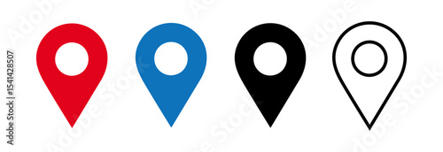 Flat red icon of location and map pins. Vector illustration, Pin location icon. Colorful map pointer. Marker pointer. Point of map. Pin icon to mark location. Flat design vector illustration.