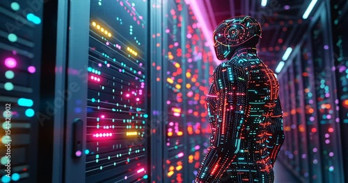 Futuristic robot exploring a vibrant data center environment