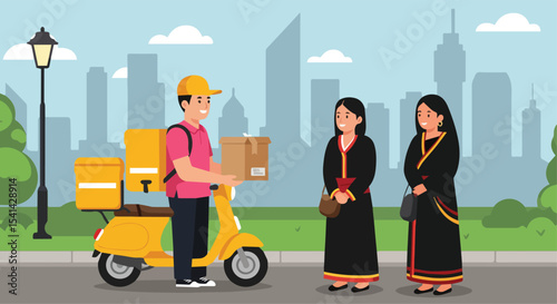 Delivery Man on Scooter Delivering Package to Two Women