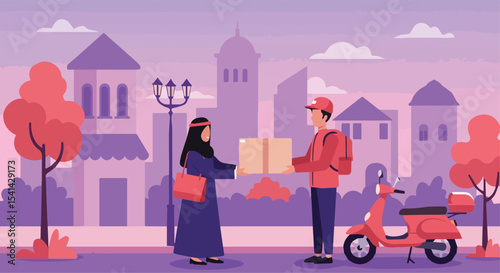 Muslim Woman Receiving Package from Delivery Rider by Scooter