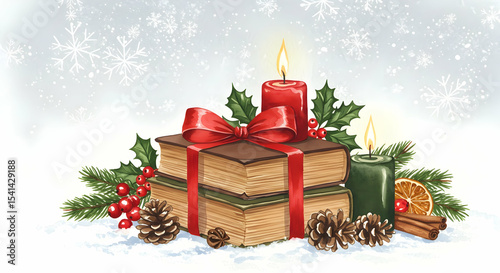 Cozy Christmas Books Candles Festive Winter Holiday Season Gift