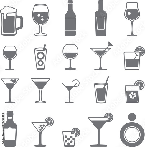Collection of Gray Silhouette Icons Depicting Various Alcoholic Beverages and Glasses Beer Wine Cocktails Martini Glasses Liquor Bottles