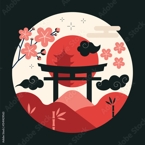 Torii Gates Silhouette and Sakura Flowers Icon