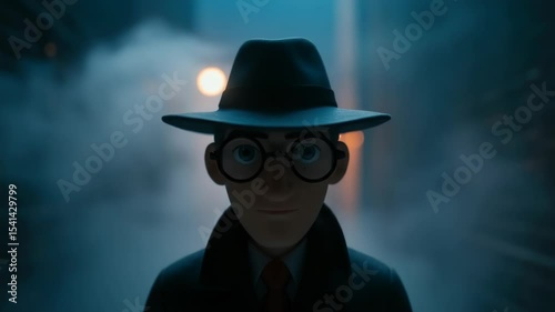 Cartoon Detective Character in a Smoky Alleyway, Cinematic Animation Loop, Retro Style