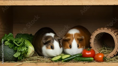 Charming Guinea Pigs Enjoying a Nutritious Feast Inside their Cozy Wooden Home