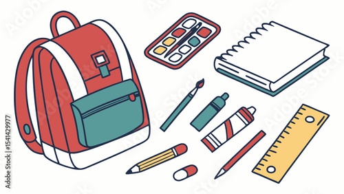 Illustration of a red backpack surrounded by school supplies such as paints and writing utensils laid out