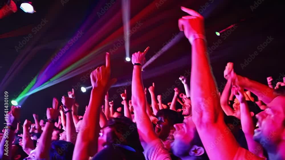 Party crowd dances beneath flashing lights. Night club fills with music and hands in the air. Lights pulse beat. Energy rises fast. Party continues deep into night with lights and nonstop music motion