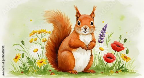 Adorable Red Squirrel in Wildflowers Watercolor Painting