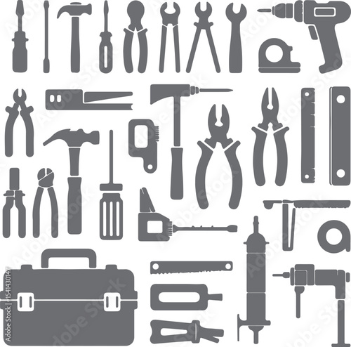 Gray Silhouette Tool Icons Set Including Hammers Screwdrivers Pliers Wrenches Drills Measuring Tape Toolbox Hand Tools Collection