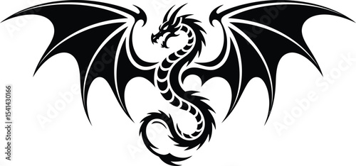 A black dragon with large wings spread out on a white background art