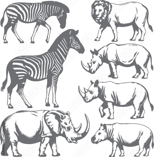 Gray Scale Silhouette Illustrations of African Wildlife Including Zebra Rhino Lion and Hippopotamus