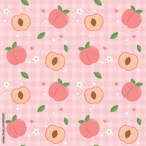 Sweet Peaches and Floral Gingham Cute Summer Fruit Design
