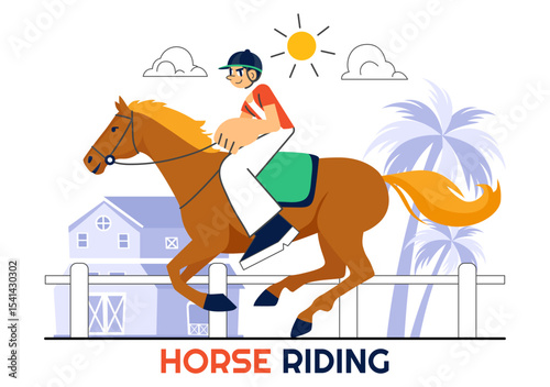 Horse Riding Vector Illustration Featuring Practicing Horseback Riding or Equestrian Sports in a Green Field with Flat Style Cartoon Background