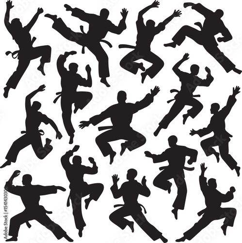 Multiple Black Silhouettes of Martial Artists in Dynamic Poses Jumping and Striking Action Shots Karate Taekwondo