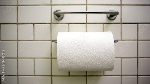 Bathroom accessory. Toilet paper on the wall. Paper towel. Tiles