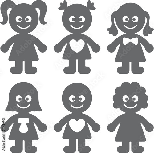 Six Gray Child Silhouettes Smiling with Various Hairstyles and Accessories White Heart and Bowtie Details