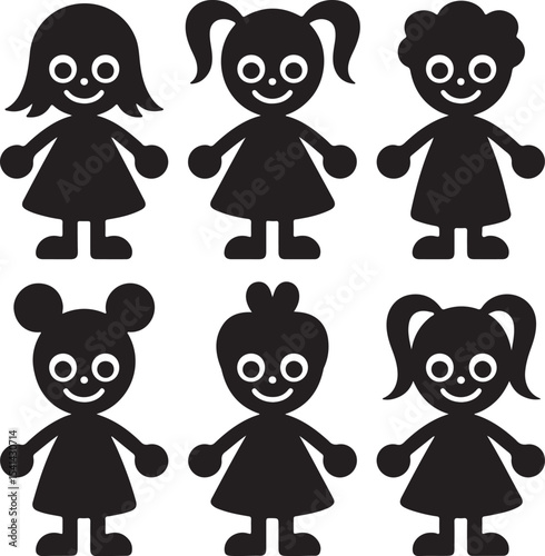 Six Black Silhouettes of Cute Cartoon Children with Different Hairstyles Standing in a Row Simple Childlike Figures