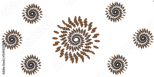 A striking abstract vector illustration featuring a large, central spiral motif composed of numerous small, elongated brown and black feather or leaf-like shapes radiating outwards in a dynamic whirl.