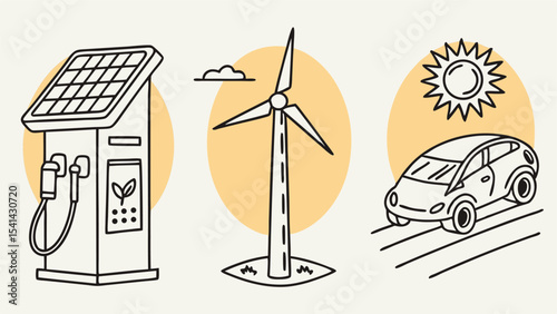 Illustration showing a solar panel charging station, wind turbine, electric car and sun against yellow circles
