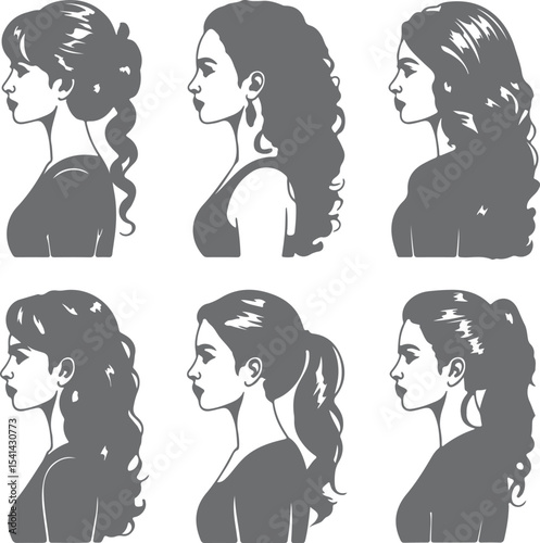Six Gray Female Silhouette Portraits Profile Views Various Hairstyles Long Hair Updo Ponytail Side Profile Elegant Minimalist Design
