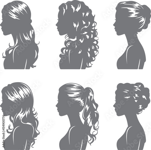Six Gray Female Hairstyle Silhouettes Profile Views Long Hair Curly Hair Updo Ponytail Side Part Straight Hair Women's Hairdos Vector Illustration