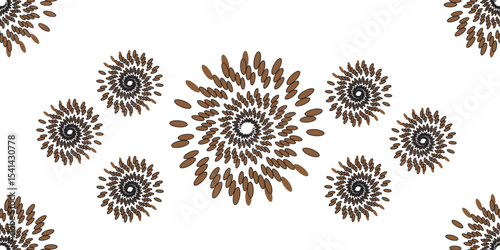 A striking abstract vector illustration featuring a large, central spiral motif composed of numerous small, elongated brown and black feather or leaf-like shapes radiating outwards in a dynamic whirl.